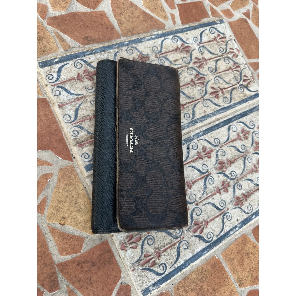 Coach Signature Monogram Tri-Fold Wallet Black Brown Coated Canvas Leather